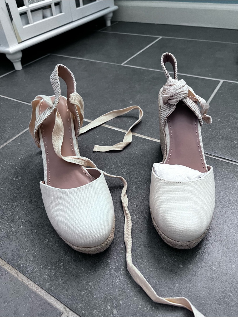 Lace-Up Espadrille Wedge Heels in Cream